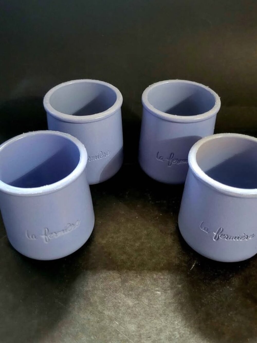 VTG CERMER La Fermière French Glazed Terracotta Yogurt Pots In A Periwinkle Blue
